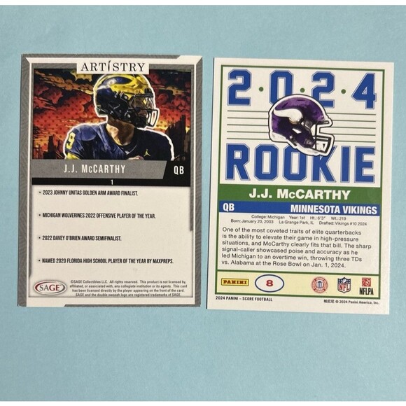 2-JJ MCCARTHY Minnesota VIKINGS Rookie Cards ,2024 SCORE & Sage - Picture 2 of 2